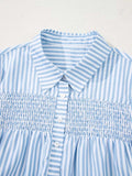 Stripe Shirred Detail Half Placket Collared Long Sleeve Shirt - Trendsi - Flyclothing LLC