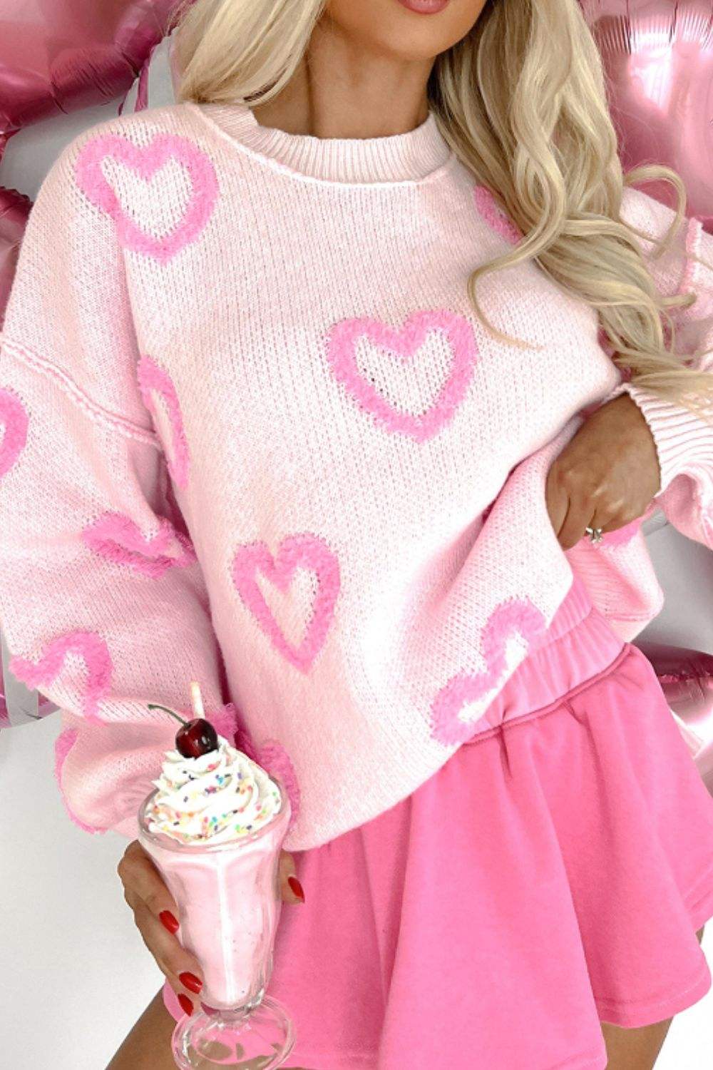 High-Low Heart Round Neck Long Sleeve Sweater - Trendsi - Flyclothing LLC