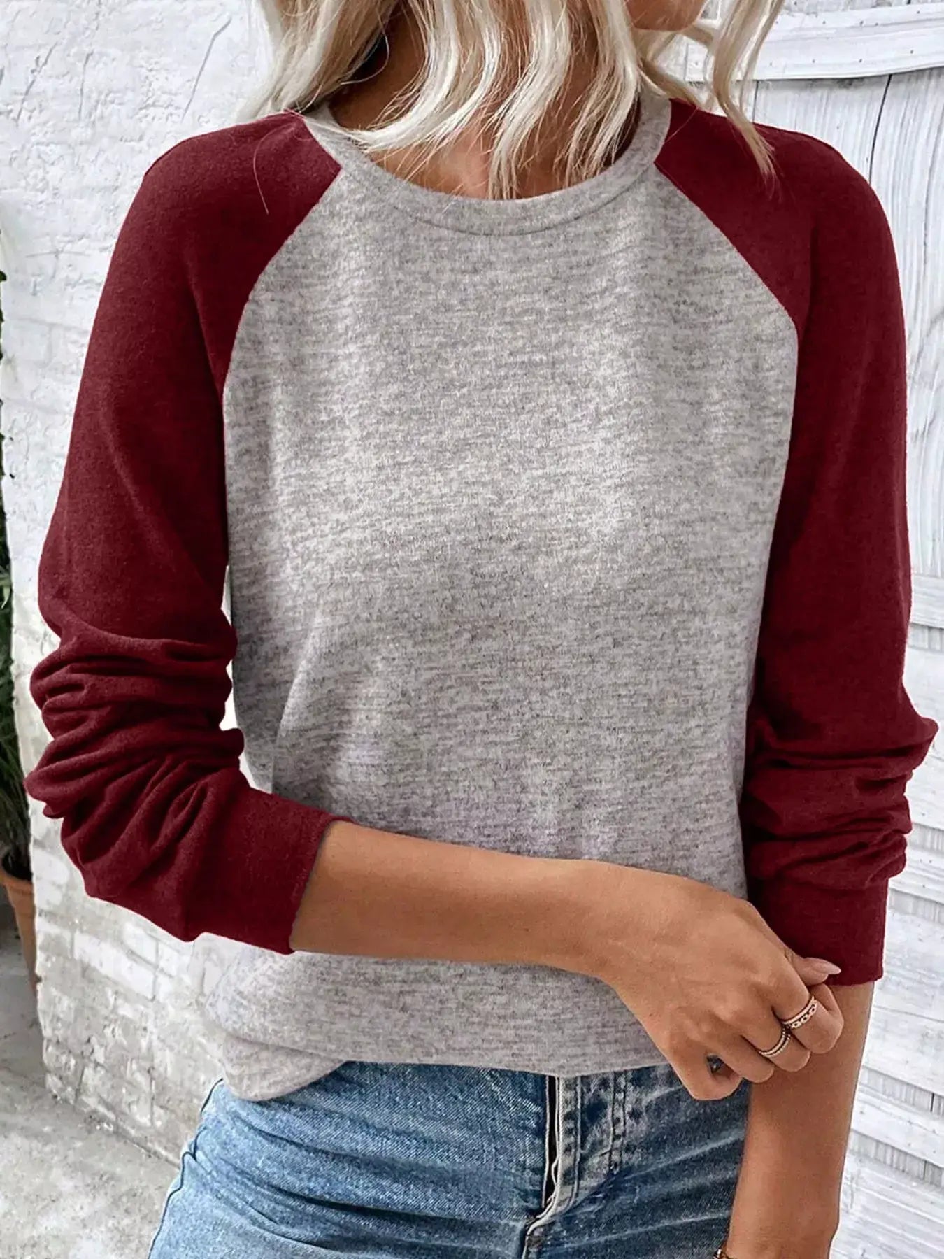 Color Block Raglan Long Sleeve T Shirt - Trendsi - Flyclothing LLC