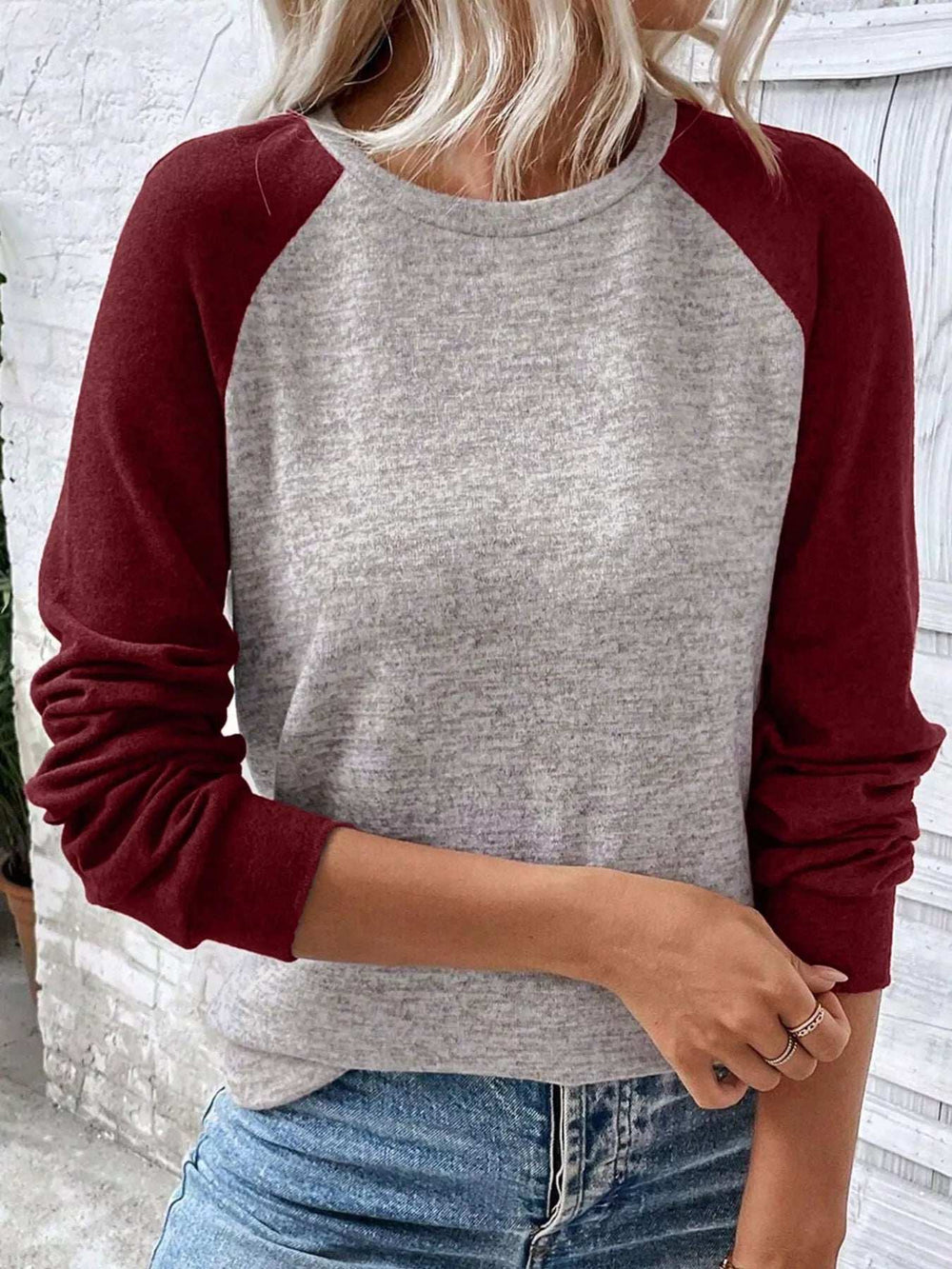 Color Block Raglan Long Sleeve T Shirt - Trendsi - Flyclothing LLC