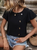 Decorative Button Round Neck Short Sleeve Blouse - Trendsi