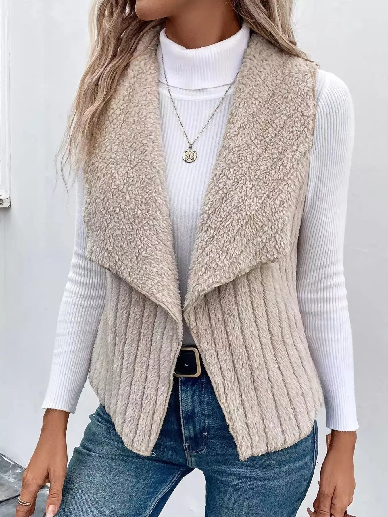 Cozy Fleece Open Front Vest Coat - Trendsi - Flyclothing LLC