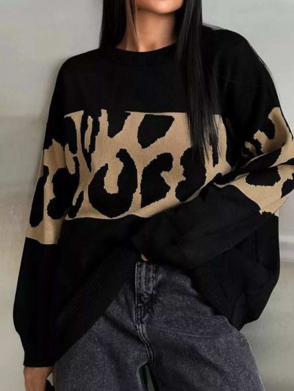 Leopard Color Block Round Neck Sweater - Trendsi - Flyclothing LLC