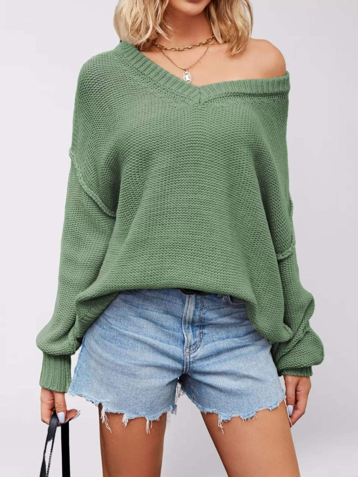 V-Neck Loose Knit Drop Shoulder Sweater - Trendsi - Flyclothing LLC