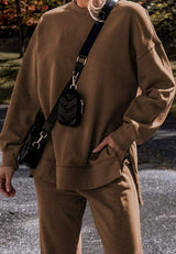 Side Slit Round Neck Long Sleeve Top and Pants Set - Trendsi - Flyclothing LLC