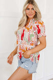 Printed Notched Short Sleeve Blouse - Trendsi - Flyclothing LLC