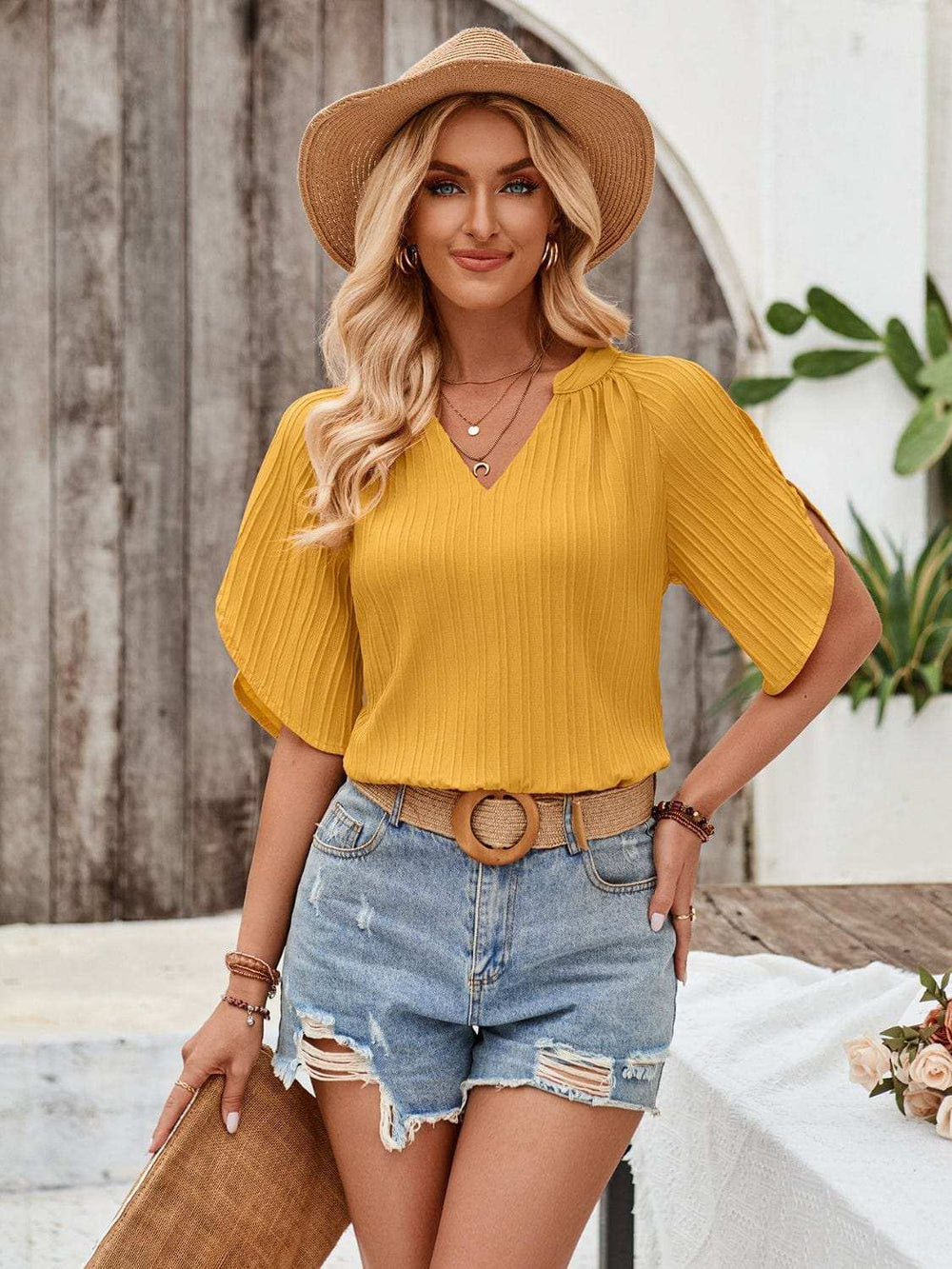 Notched Slit Half Sleeve Blouse - Trendsi - Flyclothing LLC