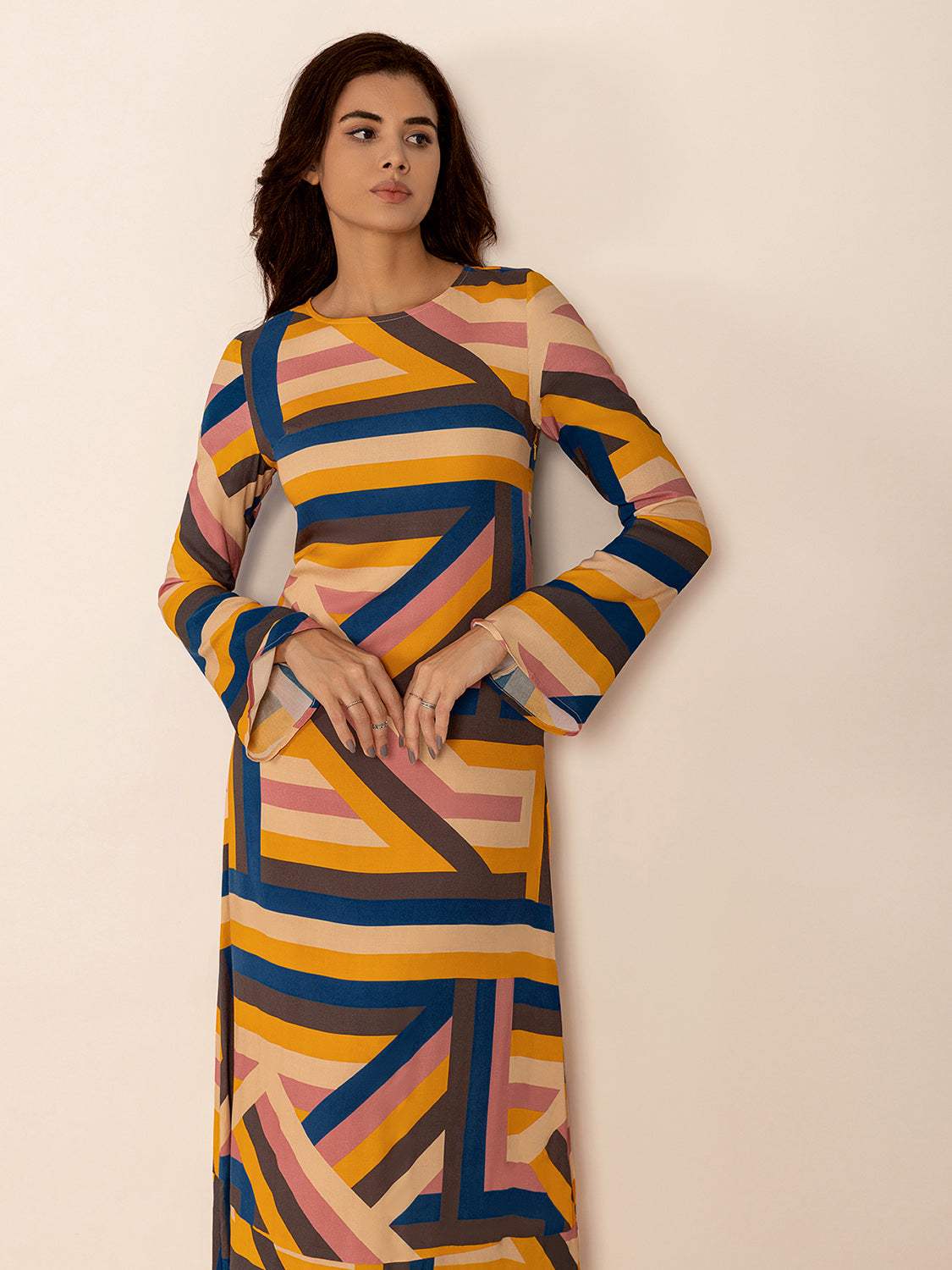 Contrast Round Neck Flare Sleeve Midi Dress - Trendsi - Flyclothing LLC
