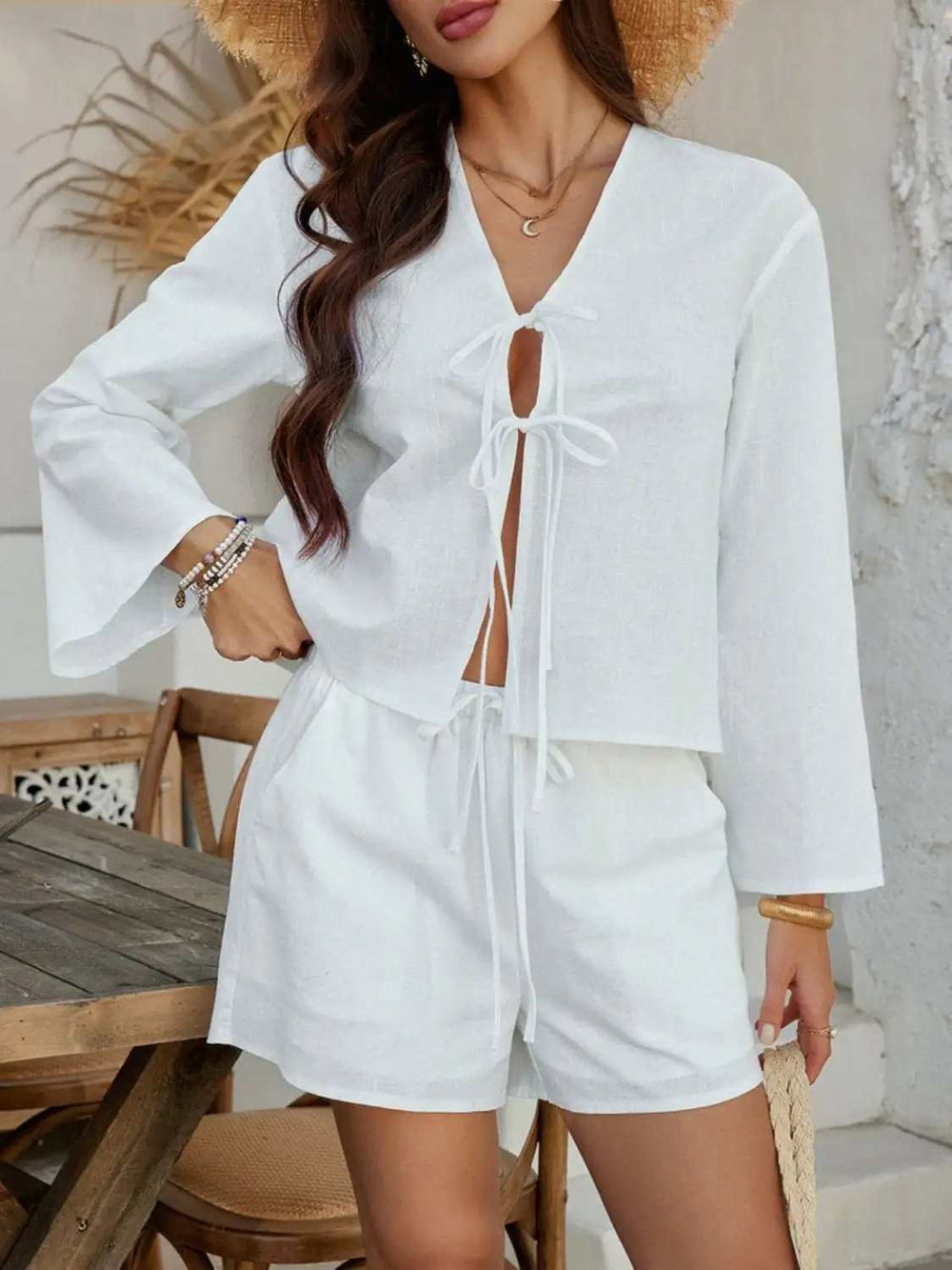 Devine Double Tied V-Neck Top and Shorts Set - Trendsi - Flyclothing LLC