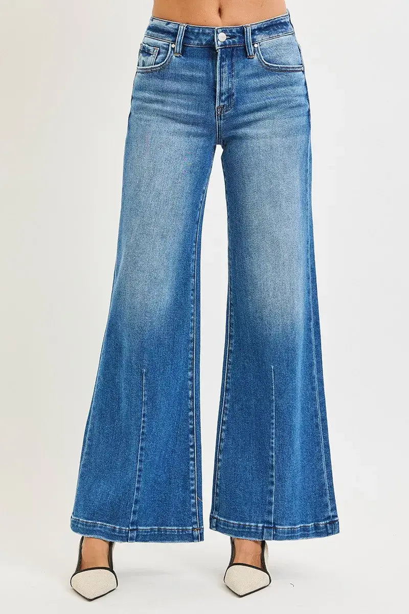 RISEN Full Size Mid Rise Wide Leg Jeans with Flared Look Plus Size - Trendsi - Flyclothing LLC