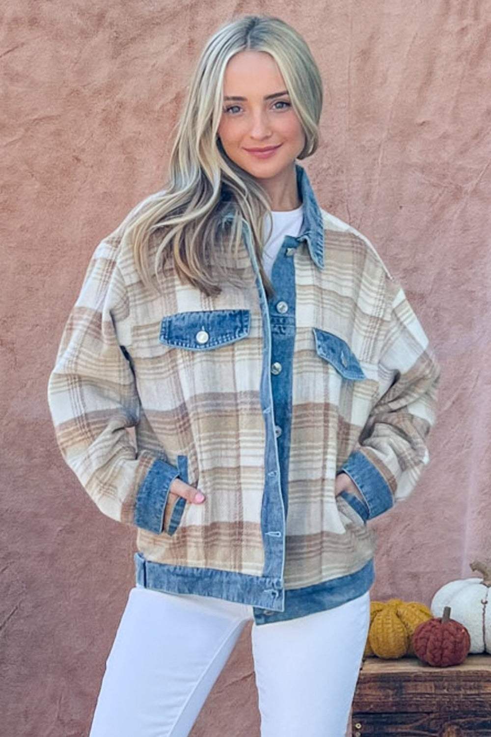 And The Why Full Size Washed Denim Detail Brushed Plaid Jacket - Trendsi - Flyclothing LLC