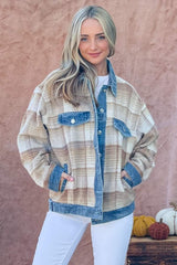 And The Why Full Size Washed Denim Detail Brushed Plaid Jacket - Trendsi - Flyclothing LLC