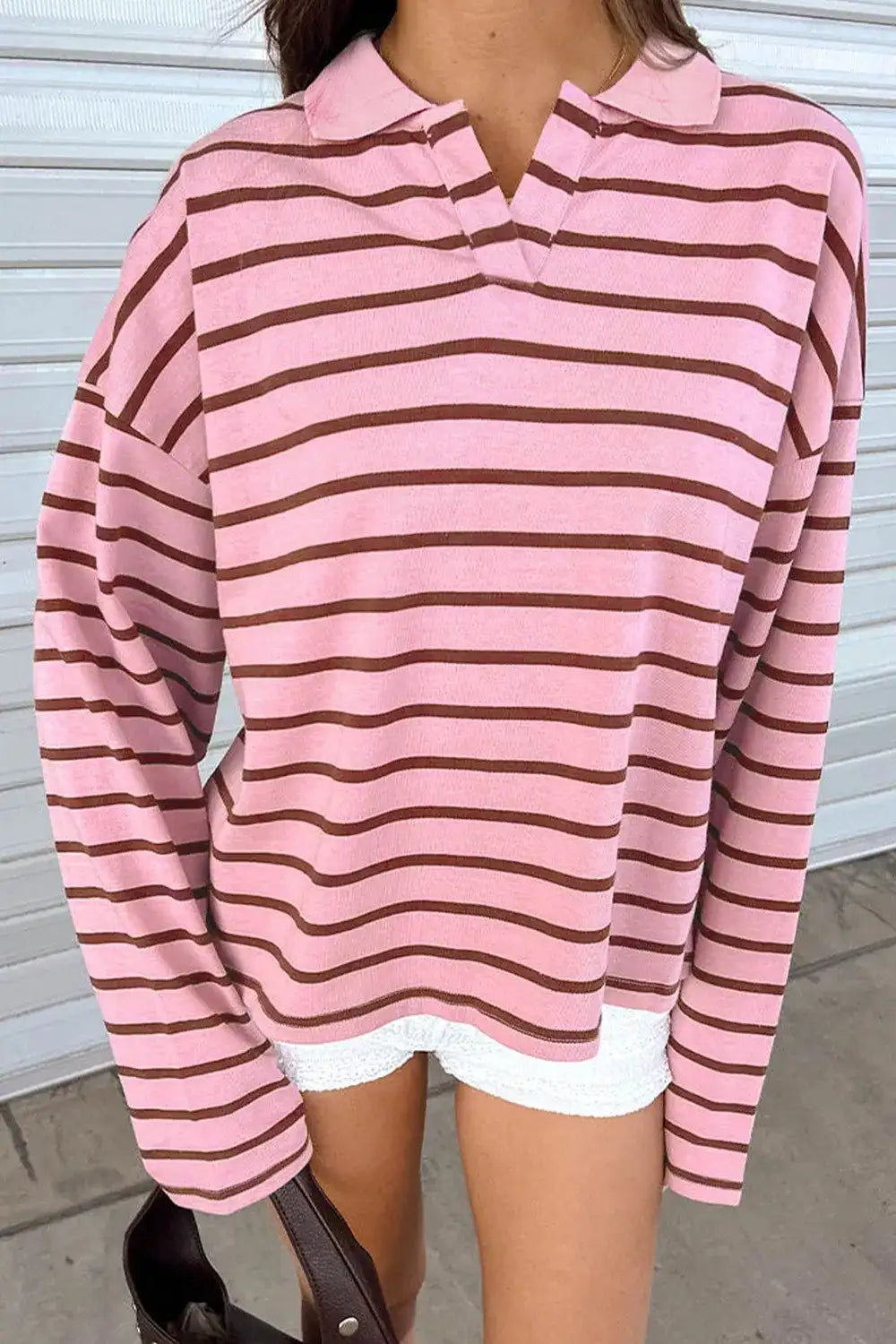 Stripe Striped Long Sleeve Collar Shift Top - Trendsi - Flyclothing LLC