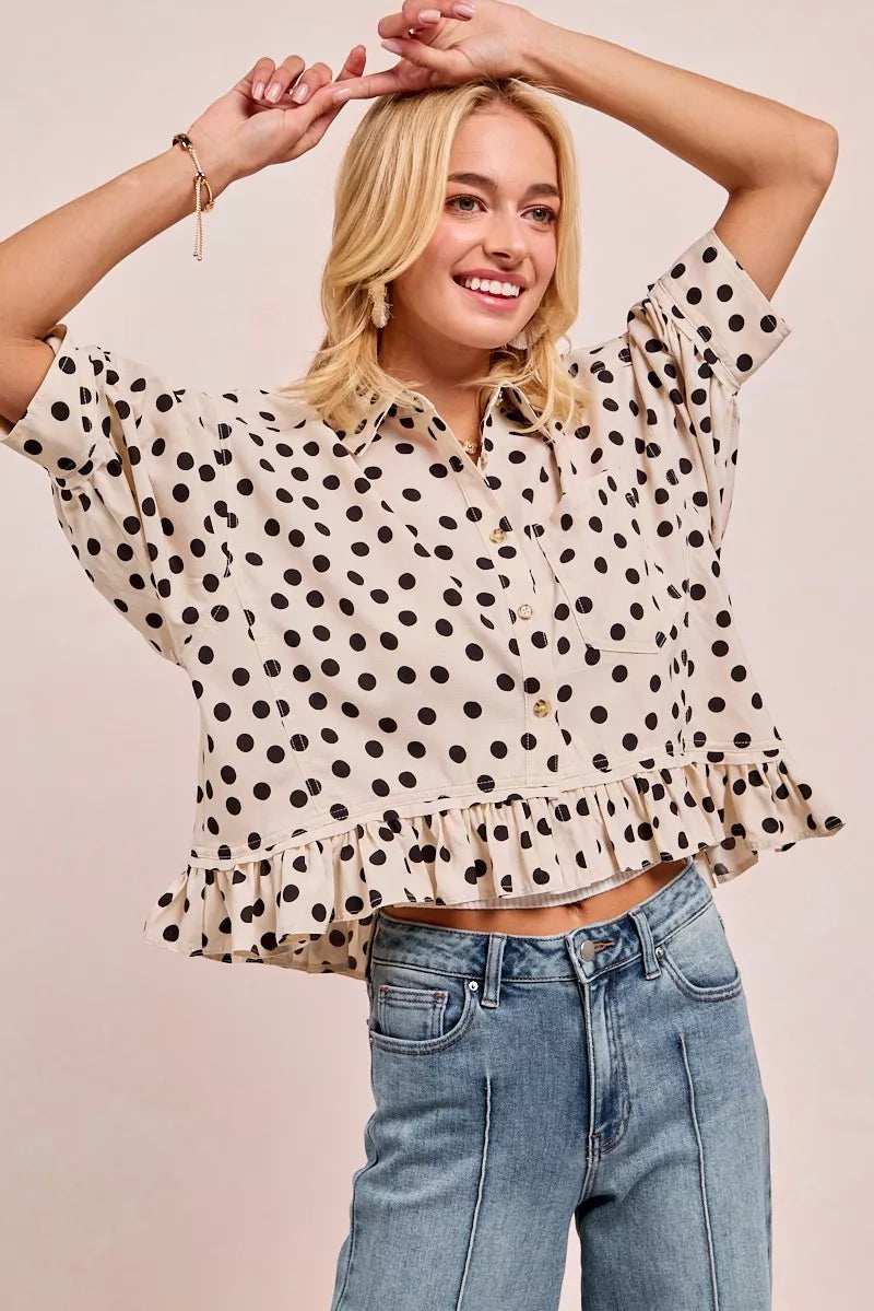 BiBi Polka Dot Printed Peplum Top with Front Button - Trendsi - Flyclothing LLC