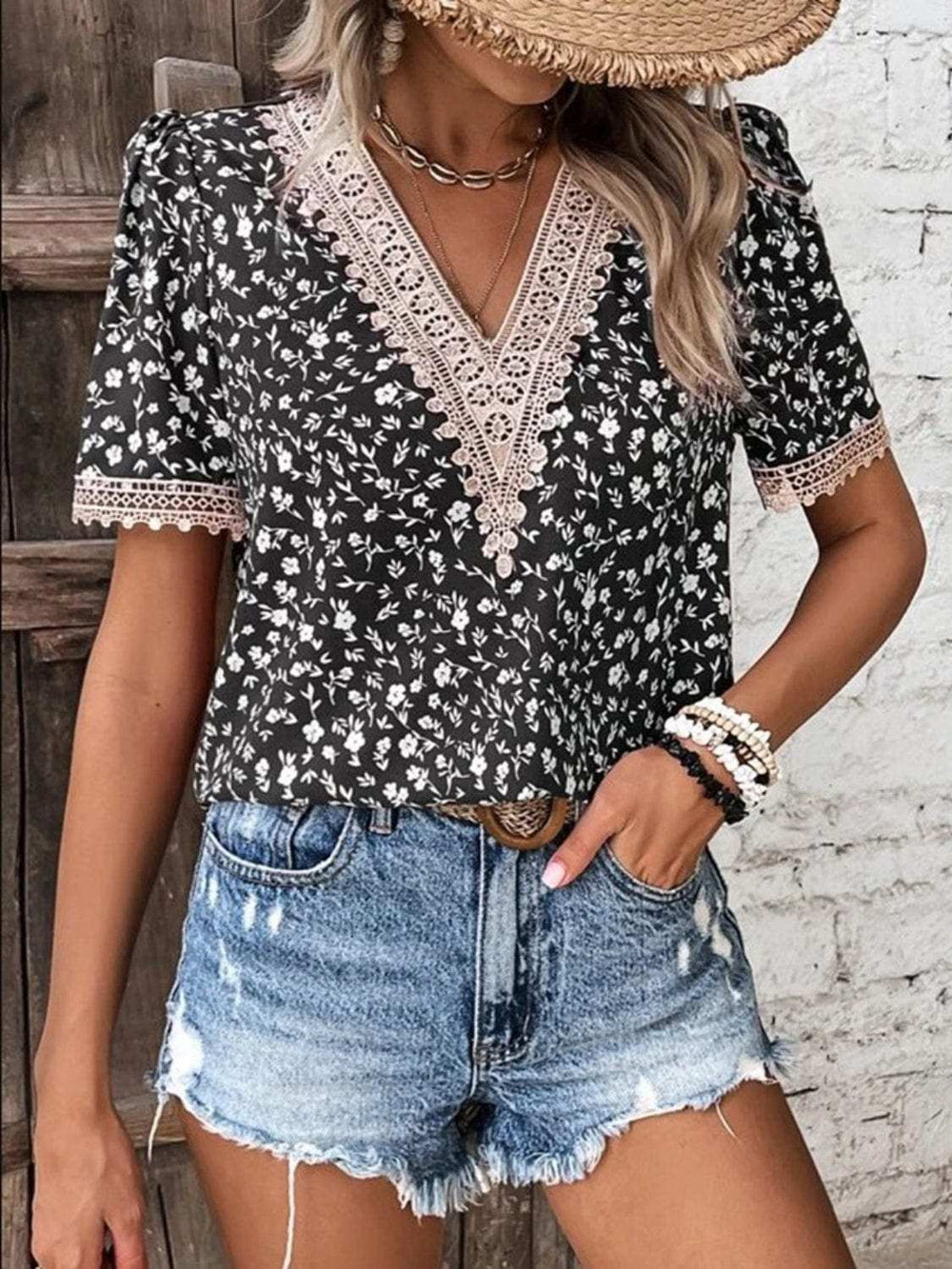 Full Size Printed V-Neck Short Sleeve Blouse - Trendsi - Flyclothing LLC