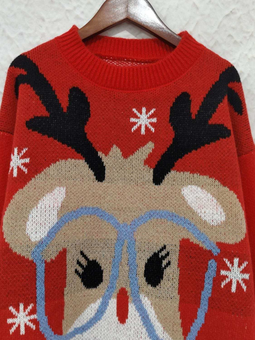 Reindeer Round Neck Dropped Shoulder Sweater - Trendsi - Flyclothing LLC