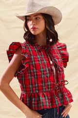 SO ME Christmas Holiday Plaid Ruffled Quilt Vest Top - Trendsi - Flyclothing LLC