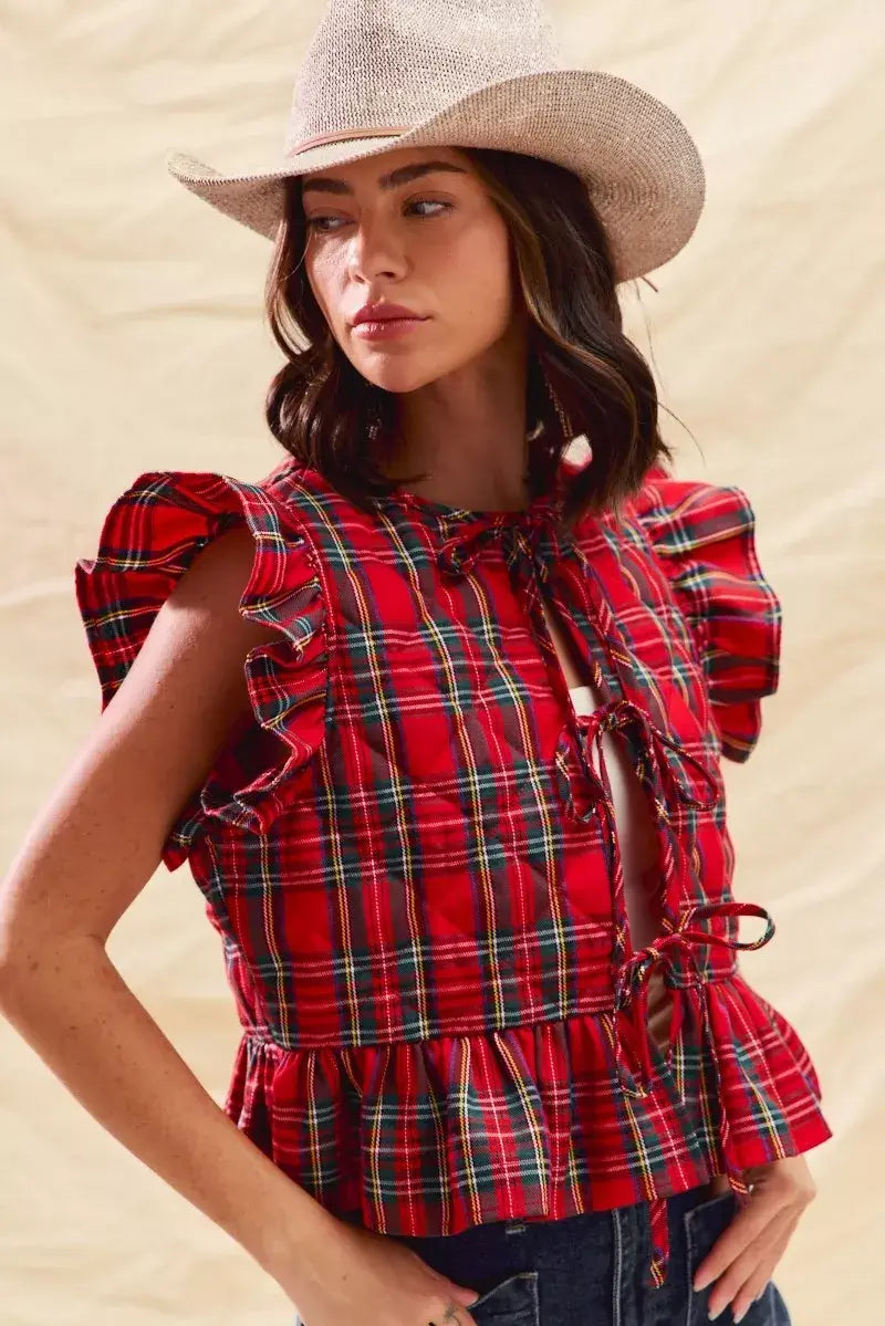 SO ME Christmas Holiday Plaid Ruffled Quilt Vest Top - Trendsi - Flyclothing LLC