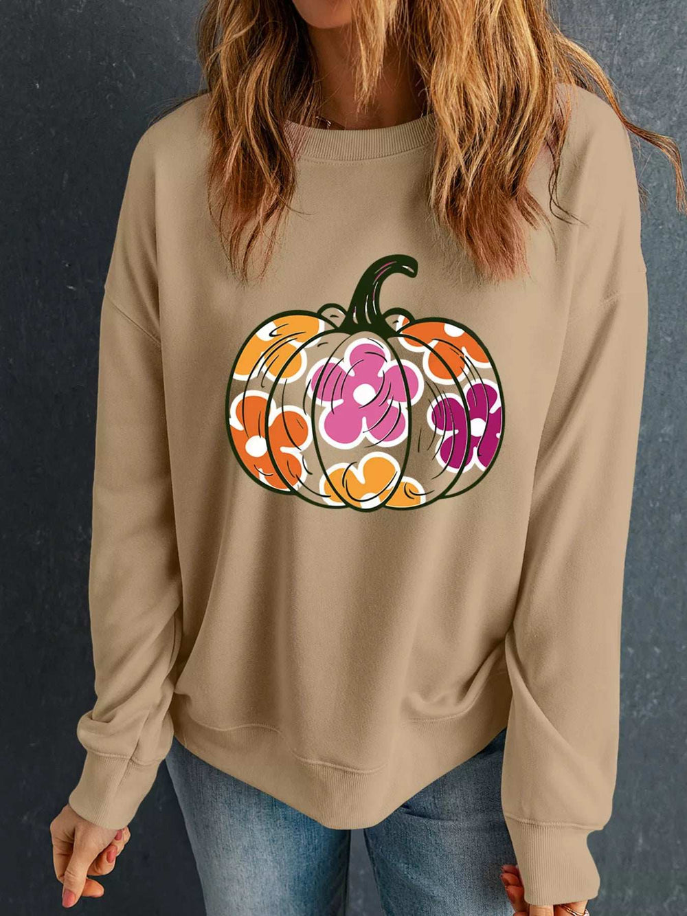 Halloween Floral Pumpkin Graphic Drop Shoulder Sweatshirt - Trendsi - Flyclothing LLC