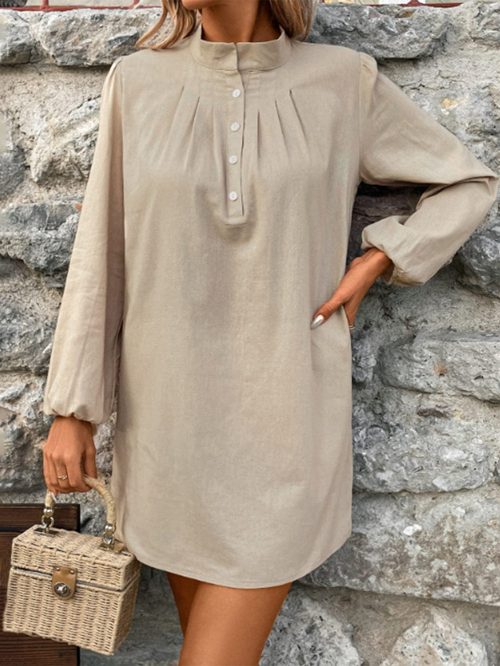 Half Button Mock Neck Long Sleeve Mini Shirt Dress - Trendsi