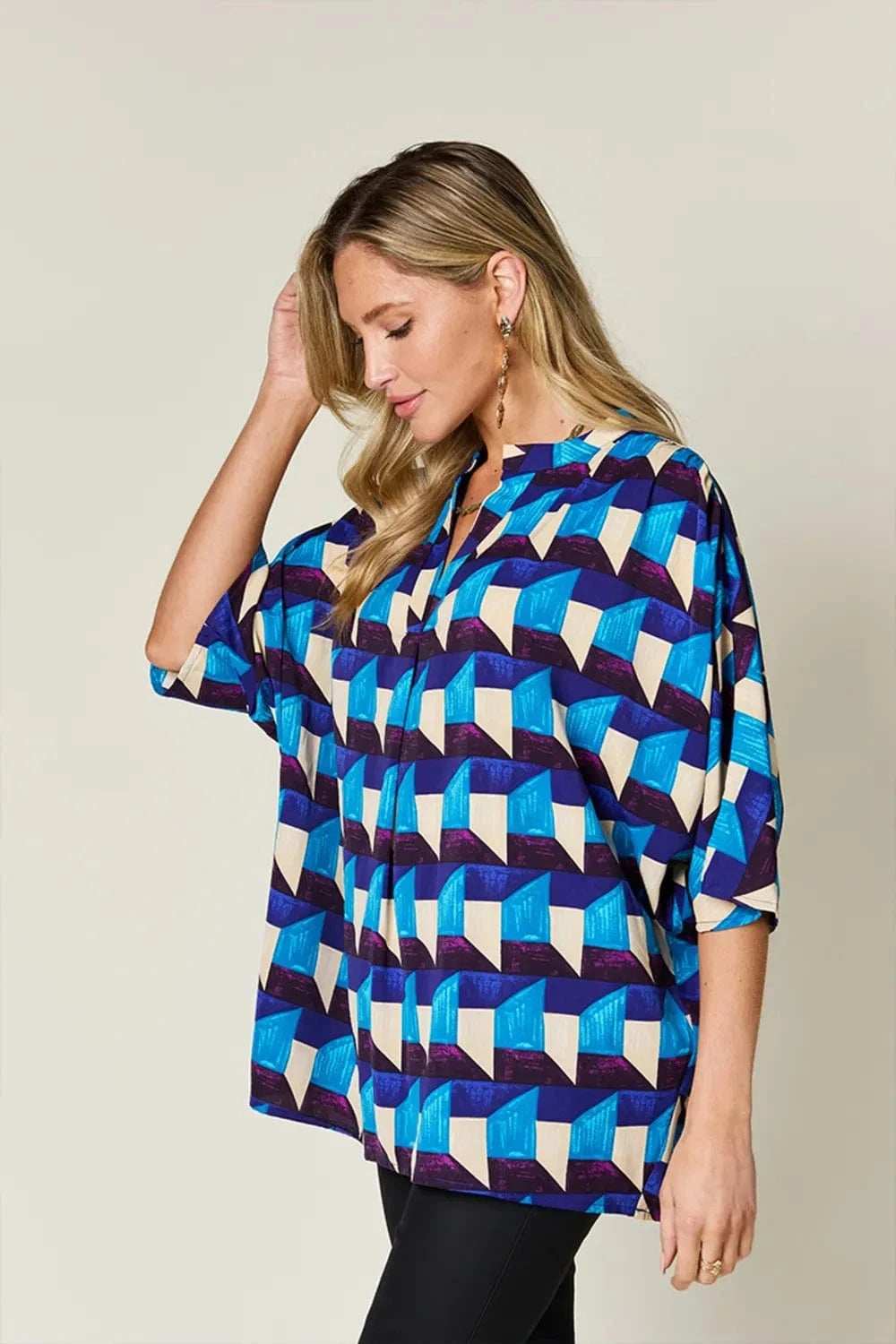 Double Take Full Size Geometric Notched Half Sleeve Blouse - Trendsi - Flyclothing LLC