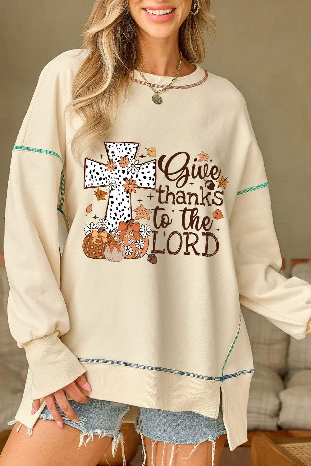 High-Low Contrast Stitching Round Neck Sweatshirt - Trendsi - Flyclothing LLC