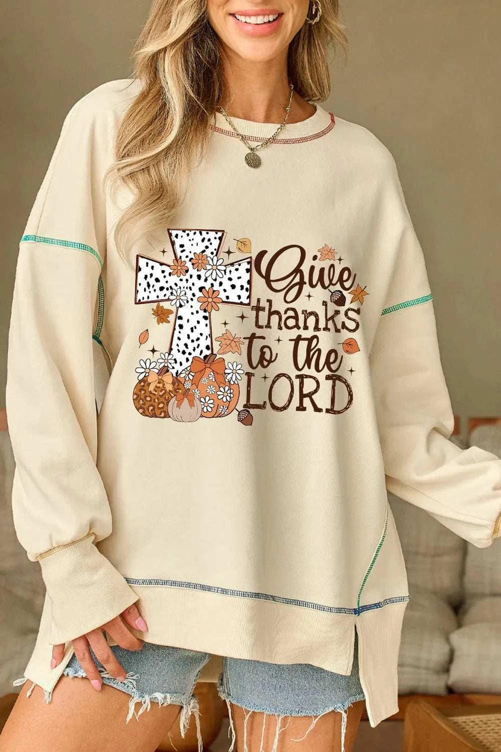 High-Low Contrast Stitching Round Neck Sweatshirt - Trendsi - Flyclothing LLC