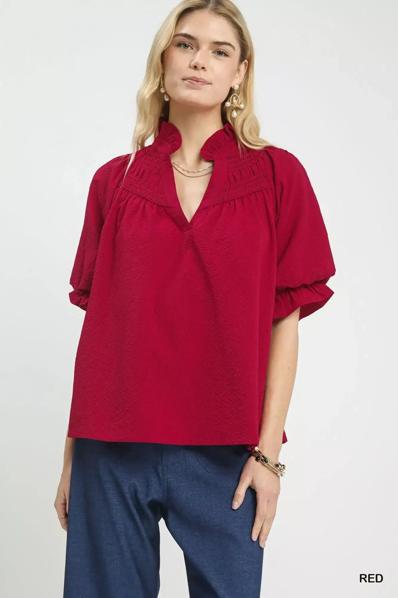 Umgee Textured Smocked Yoke Split-Neck Top - Trendsi - Flyclothing LLC