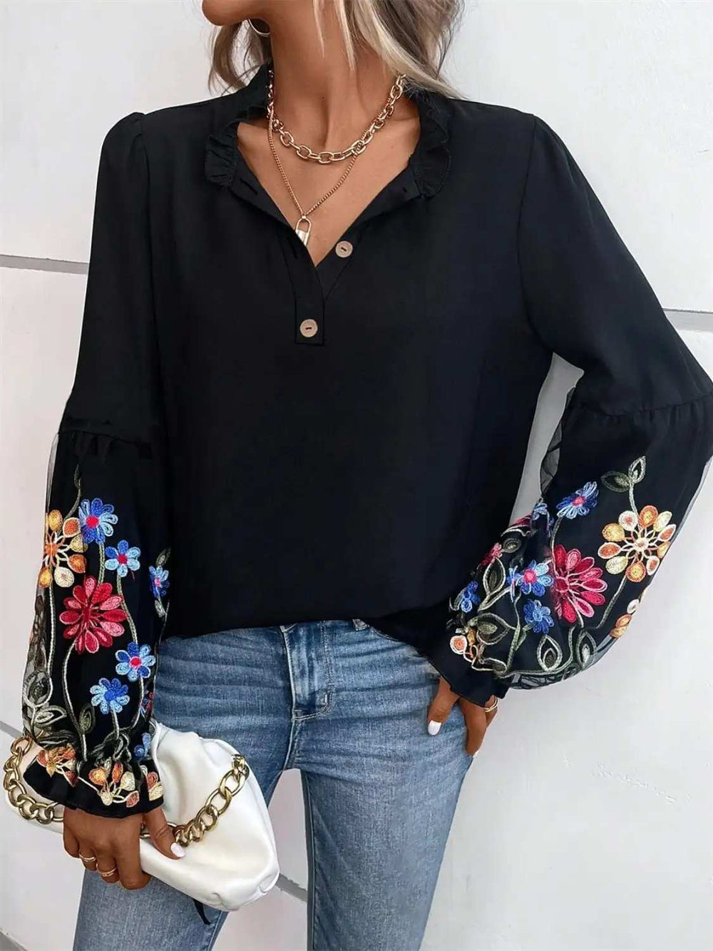 Embroidered Notched Long Sleeve Blouse - Trendsi - Flyclothing LLC