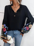 Embroidered Notched Long Sleeve Blouse - Trendsi