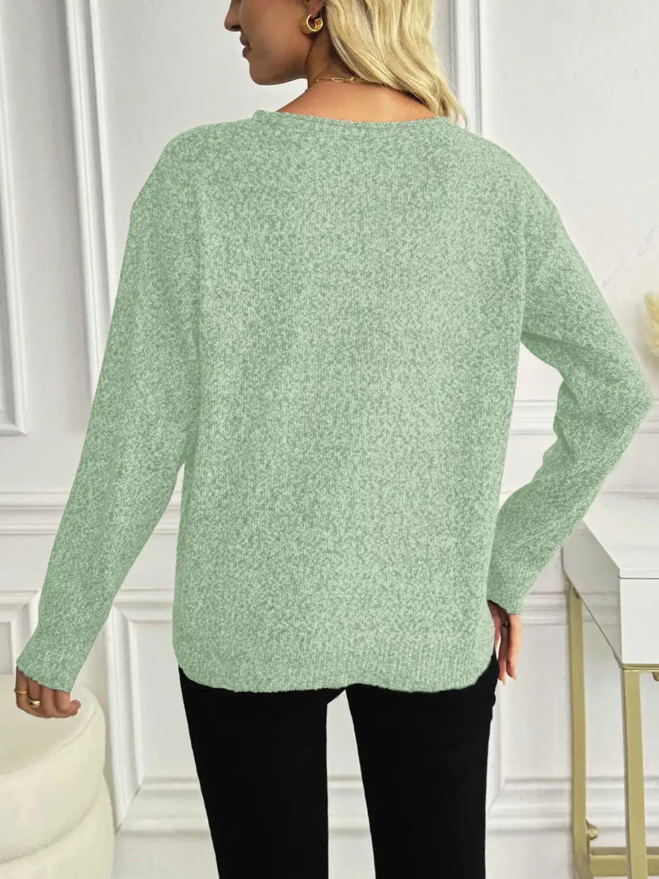 Casual V-Neck Drop Shoulder Sweater - Trendsi - Flyclothing LLC