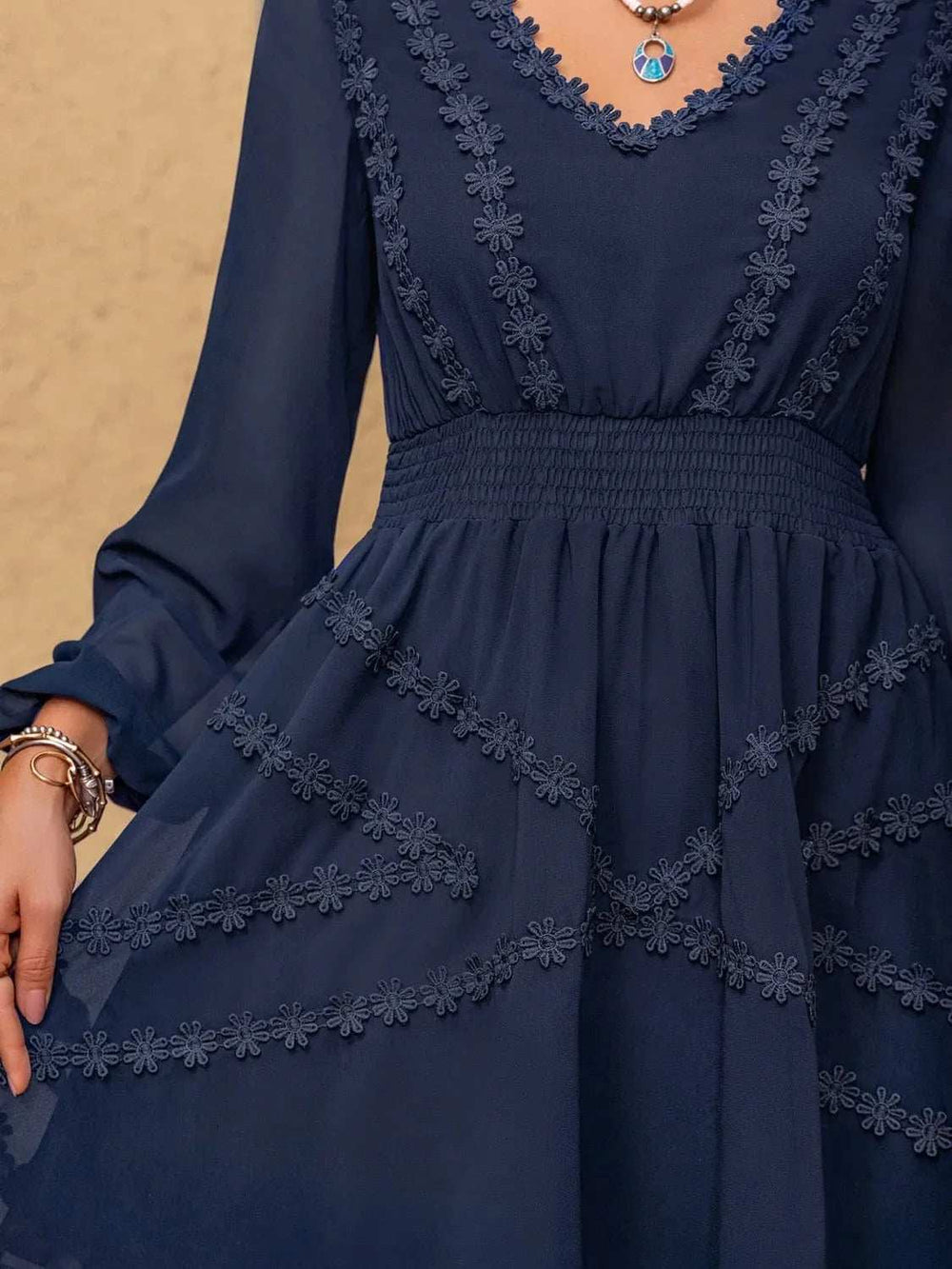 Lace Detail V-Neck Balloon Sleeve Mini Dress - Trendsi - Flyclothing LLC