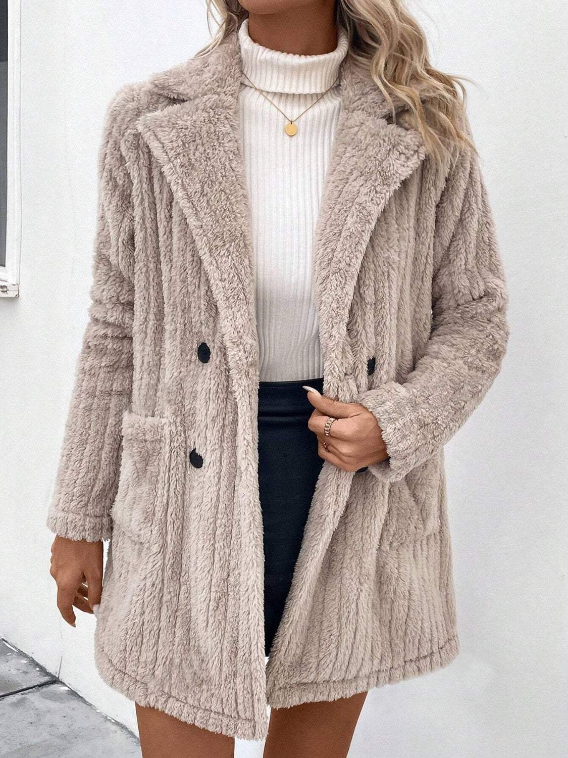 Fuzzy Button Up Long Sleeve Coat with Pockets - Trendsi - Flyclothing LLC