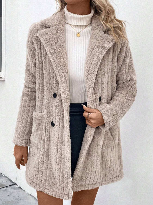 Fuzzy Button Up Long Sleeve Coat with Pockets - Trendsi - Flyclothing LLC