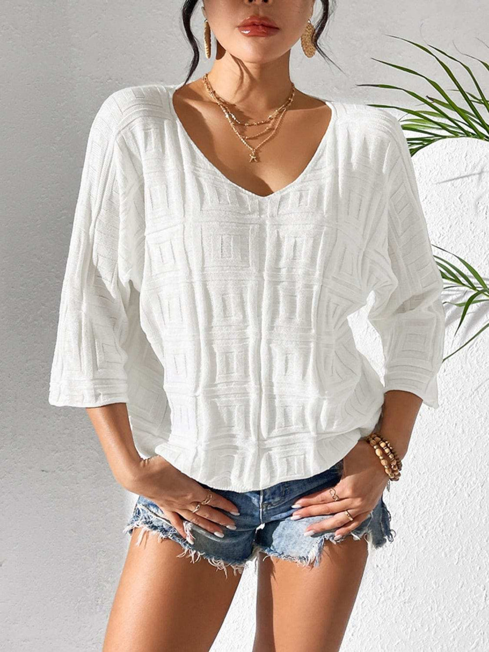 V-Neck Three-Quarter Sleeve Knit Top - Trendsi - Flyclothing LLC