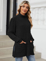Slit Mock Neck Long Sleeve T-Shirt - Trendsi - Flyclothing LLC