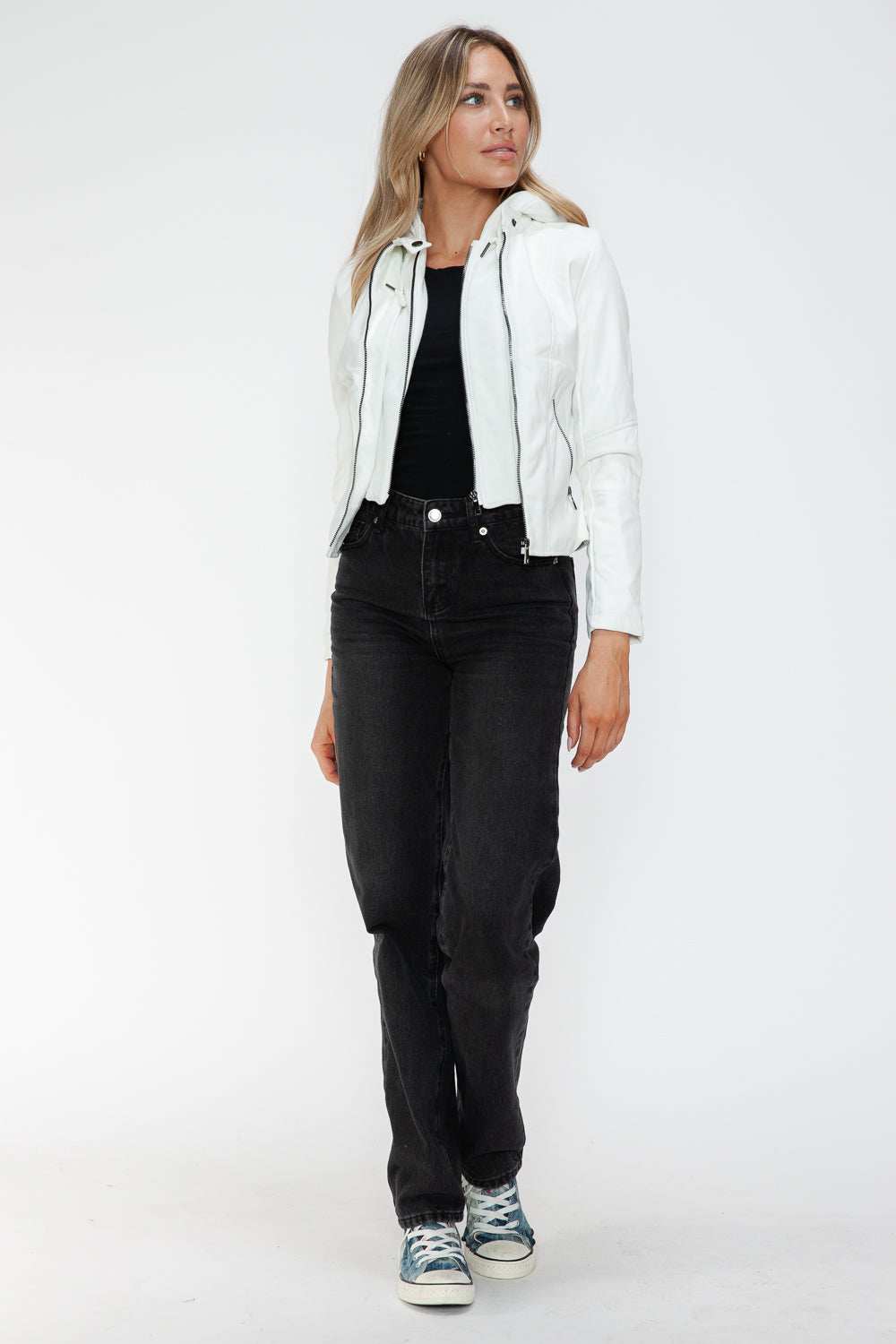 Snobbish Faux Leather Zip Up Drawstring Hooded Jacket - Trendsi - Flyclothing LLC