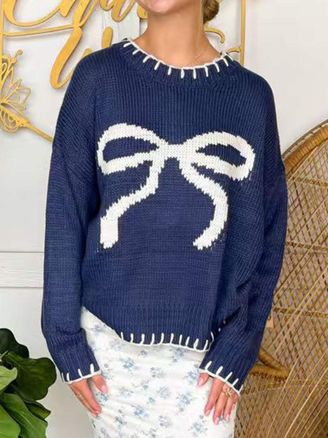 Bow Round Neck Long Sleeve Sweater - Trendsi - Flyclothing LLC
