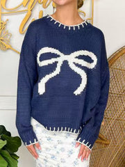 Bow Round Neck Long Sleeve Sweater - Trendsi