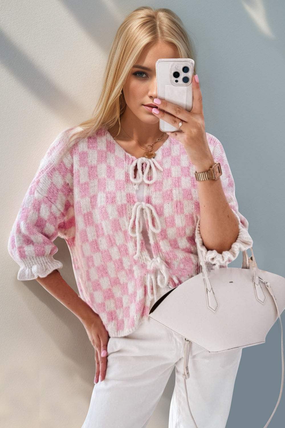 Double Take Tied Checkered Dropped Shoulder Flounce Sleeve Cardigan - Trendsi - Flyclothing LLC