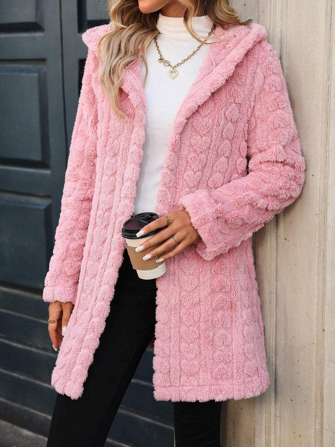 Heart Open Front Hooded Fuzzy Coat - Trendsi - Flyclothing LLC
