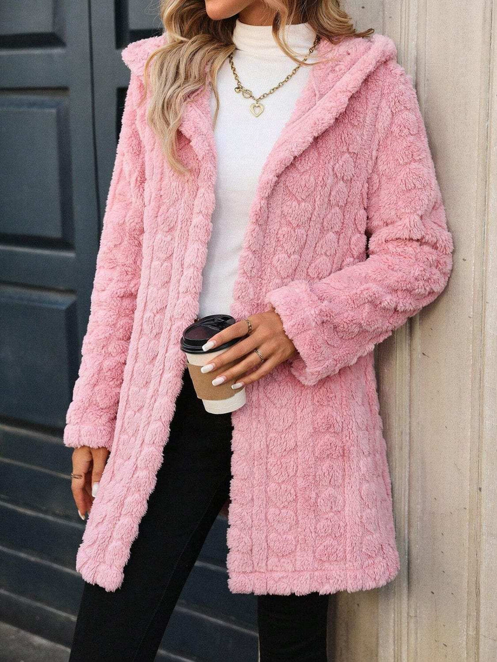Heart Open Front Hooded Fuzzy Coat - Trendsi - Flyclothing LLC