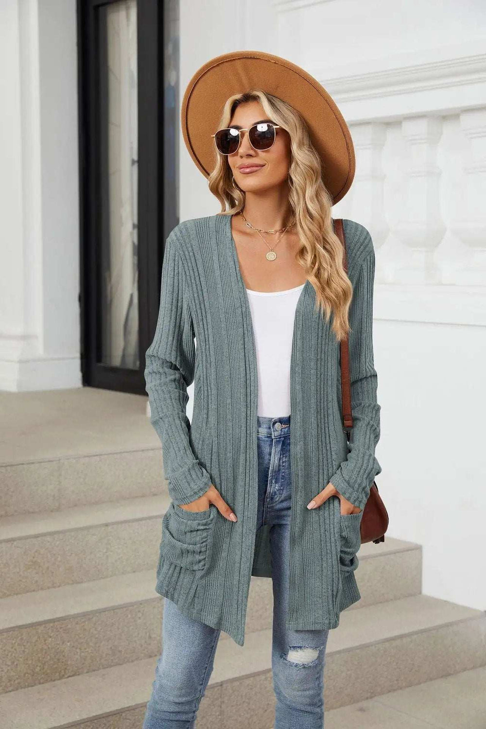 Pocketed Open Front Long Sleeve Cardigan - Trendsi - Flyclothing LLC