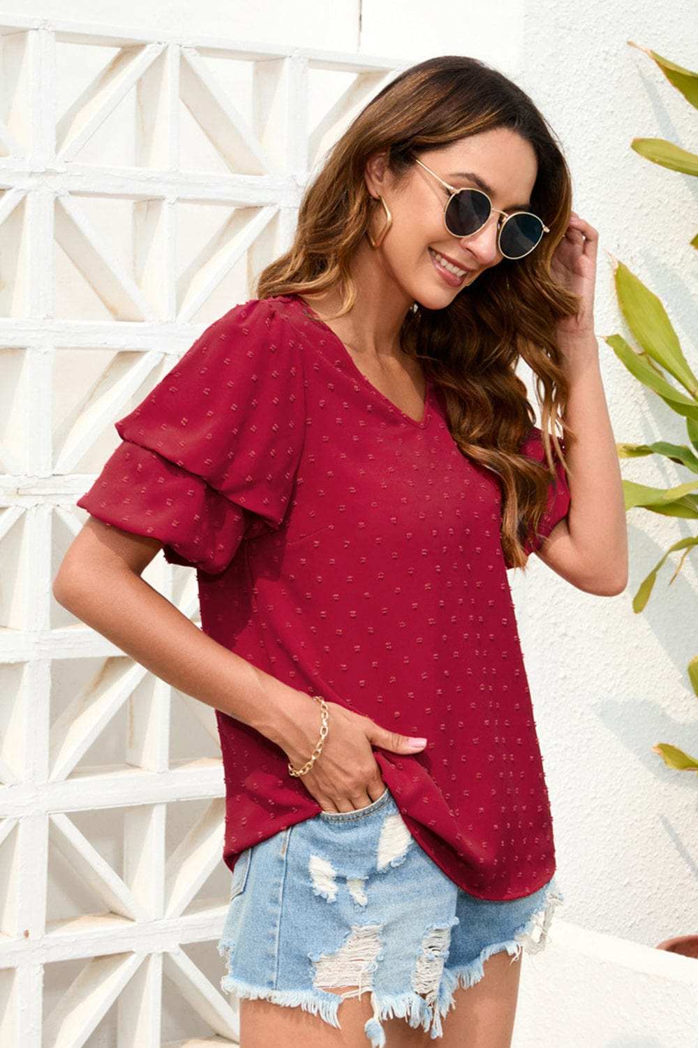 Swiss Dot V-Neck Short Sleeve Blouse - Trendsi - Flyclothing LLC