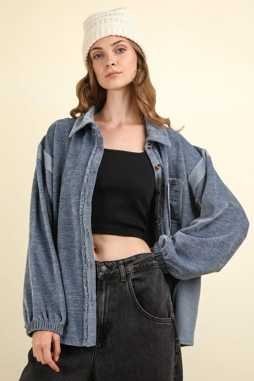 VERY J Mixed Media Button Down Raw Hem Shacket - Trendsi