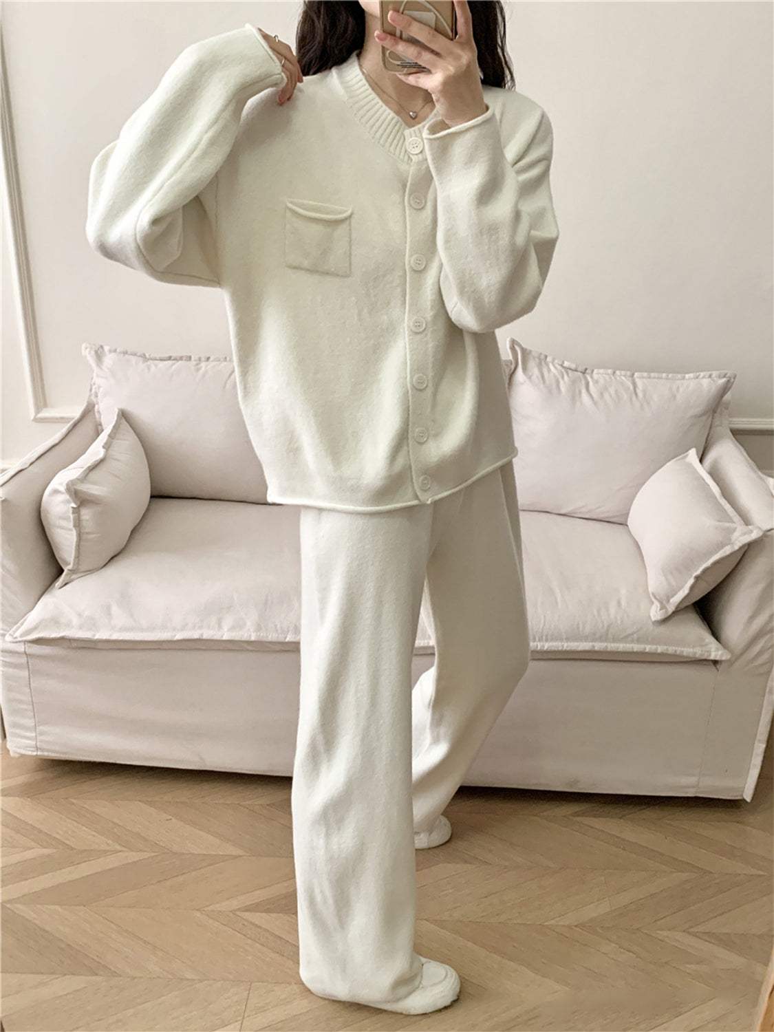 Pocketed Round Neck Button Up Cardigan and Pants Sweater Set - Trendsi - Flyclothing LLC