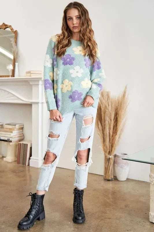 ADORA Full Size Floral Popped 2-Tone Sweater Top Plus Size - Trendsi - Flyclothing LLC