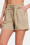 Zenana Washed Linen Frayed Hem Drawstring Shorts Trendsi
