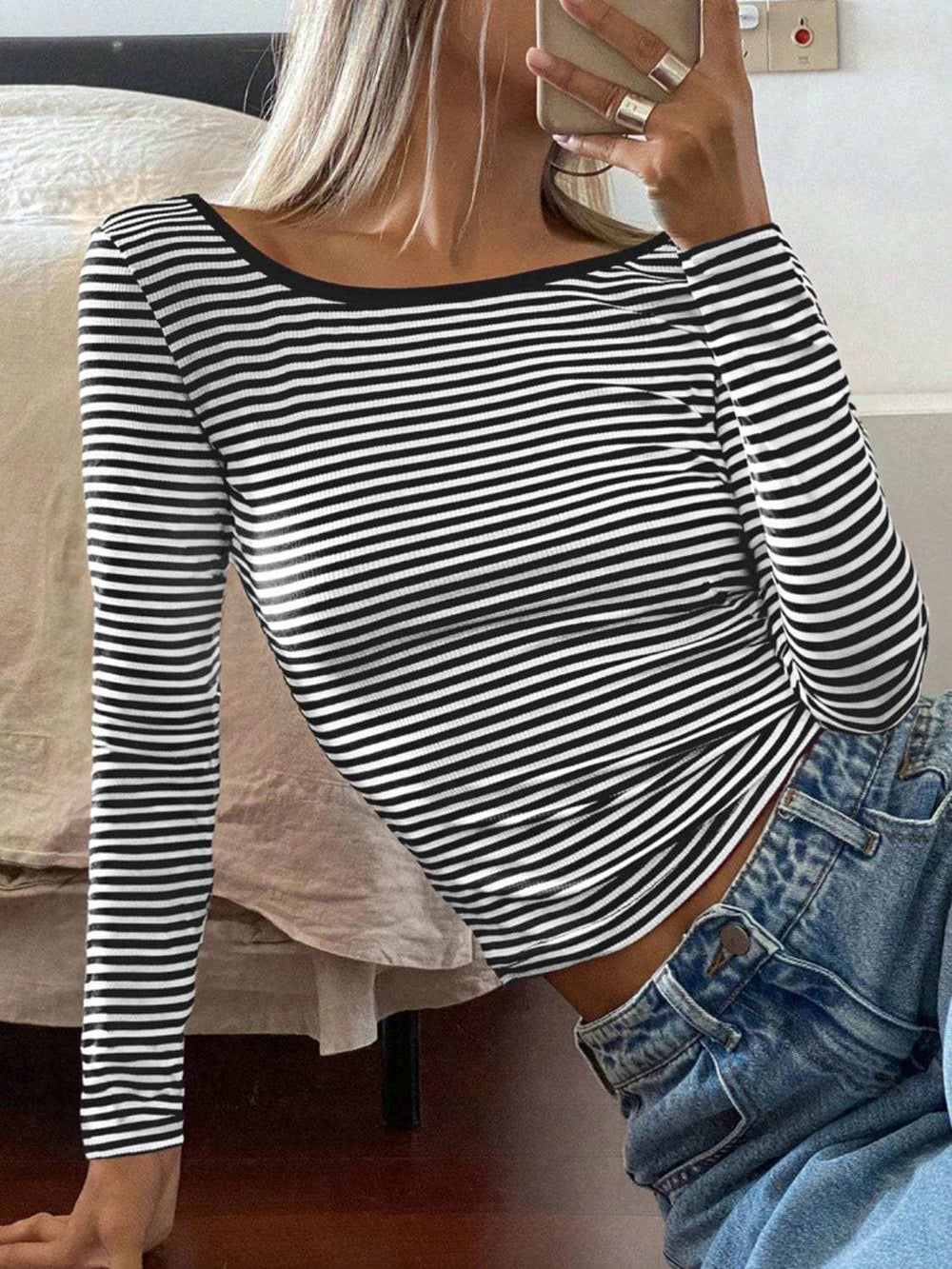 Devine Backless Striped Boat Neck Long Sleeve T-Shirt - Trendsi - Flyclothing LLC