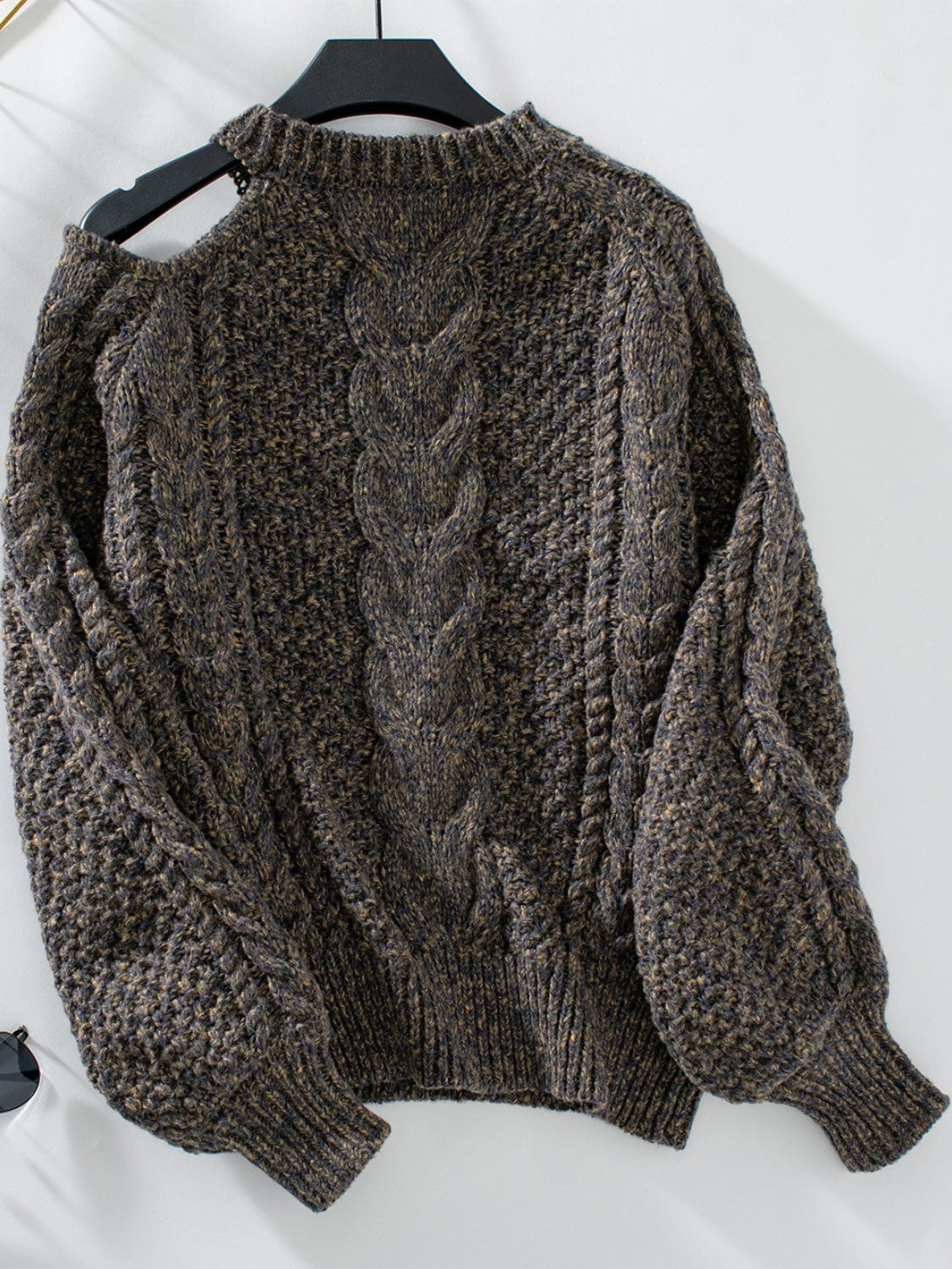 Cable Knit Round Neck Cold Shoulder Sweater - Trendsi